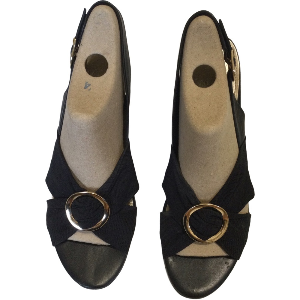 Alex Marie Fabric Black Wedge Sandals Sz 7.5